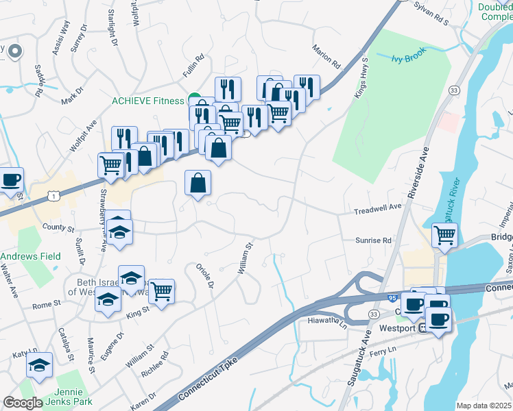 map of restaurants, bars, coffee shops, grocery stores, and more near 37 Strathmore Lane in Westport