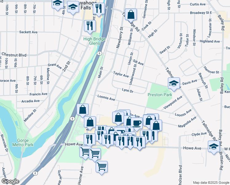 map of restaurants, bars, coffee shops, grocery stores, and more near 399 Lynn Drive in Cuyahoga Falls