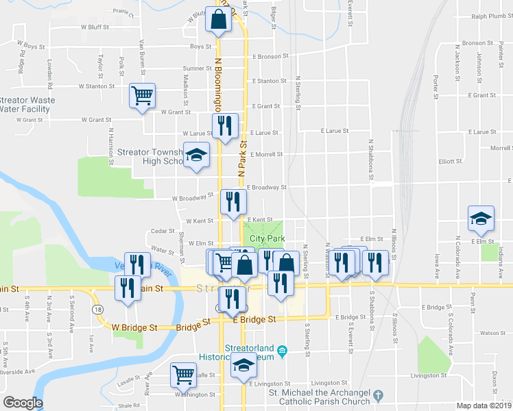 map of restaurants, bars, coffee shops, grocery stores, and more near 212 East Broadway Street in Streator