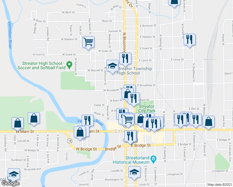 map of restaurants, bars, coffee shops, grocery stores, and more near 201 West Broadway Street in Streator