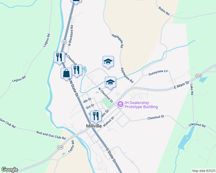 map of restaurants, bars, coffee shops, grocery stores, and more near Batten Lane in Millville
