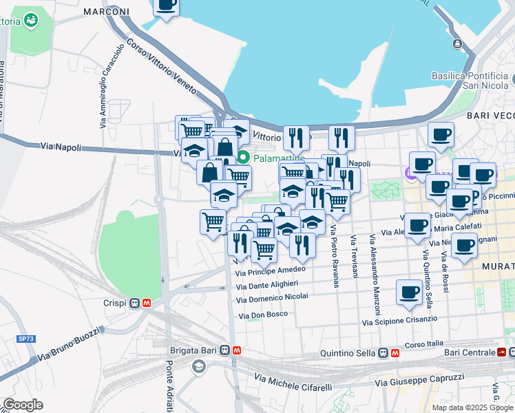 map of restaurants, bars, coffee shops, grocery stores, and more near 129-151 Corso Giuseppe Mazzini in Bari