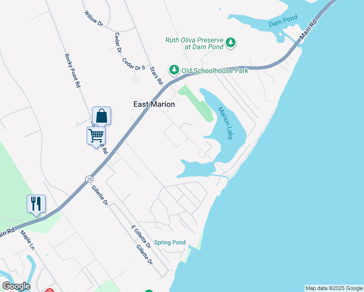 map of restaurants, bars, coffee shops, grocery stores, and more near 1050 Bay Avenue in East Marion