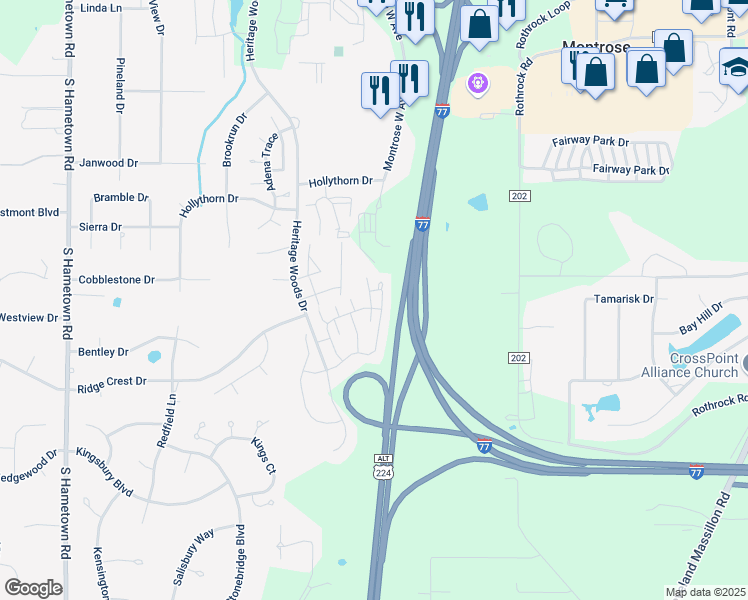 map of restaurants, bars, coffee shops, grocery stores, and more near 281 Woodhaven Drive in Akron