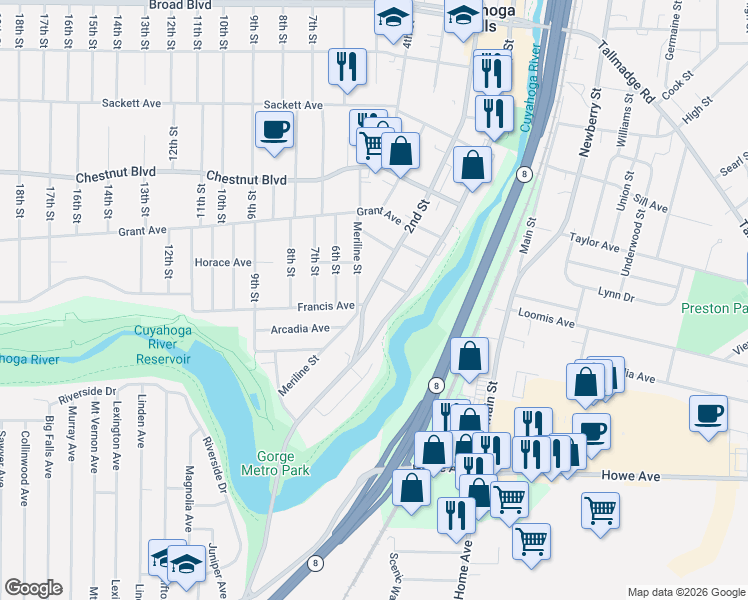 map of restaurants, bars, coffee shops, grocery stores, and more near 1489 2nd Street in Cuyahoga Falls