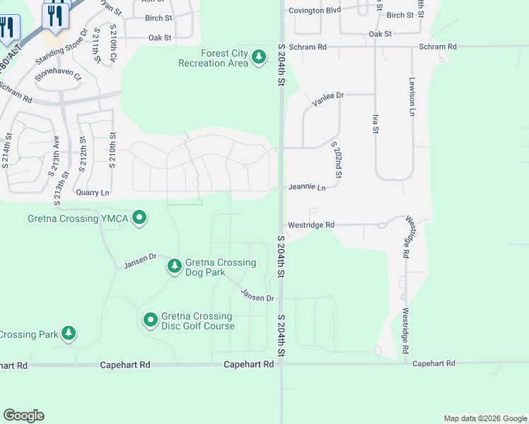map of restaurants, bars, coffee shops, grocery stores, and more near 12200 South 204th Street in Gretna