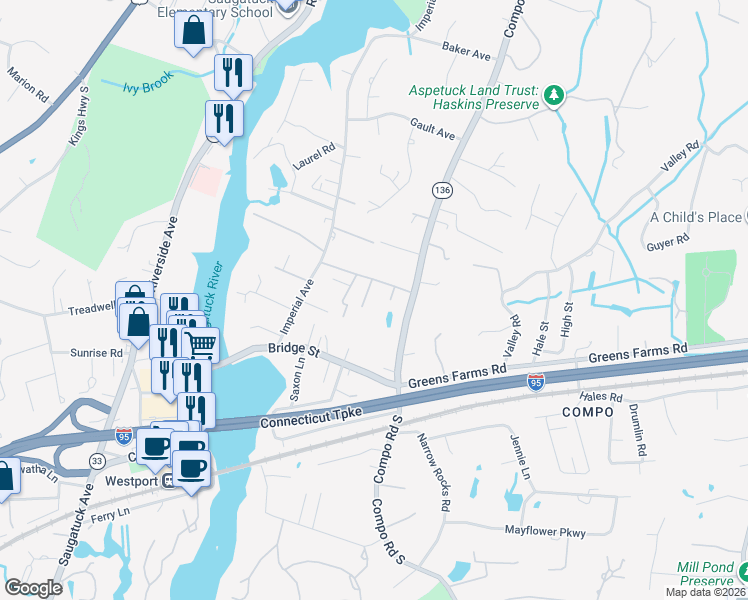 map of restaurants, bars, coffee shops, grocery stores, and more near 2A Horseshoe Lane in Westport