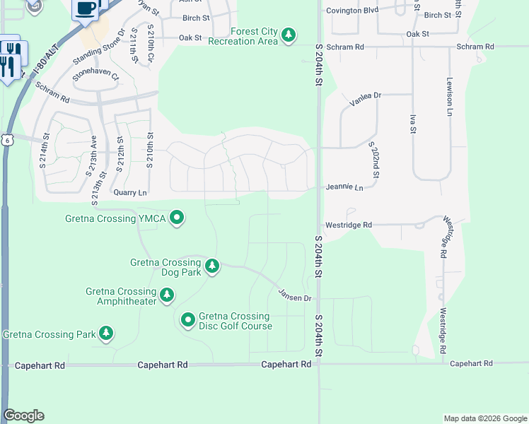 map of restaurants, bars, coffee shops, grocery stores, and more near 12117 S 206th street in Gretna