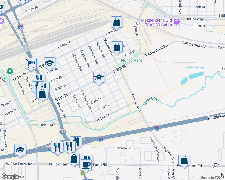 map of restaurants, bars, coffee shops, grocery stores, and more near 807 East 4th Street in Cheyenne