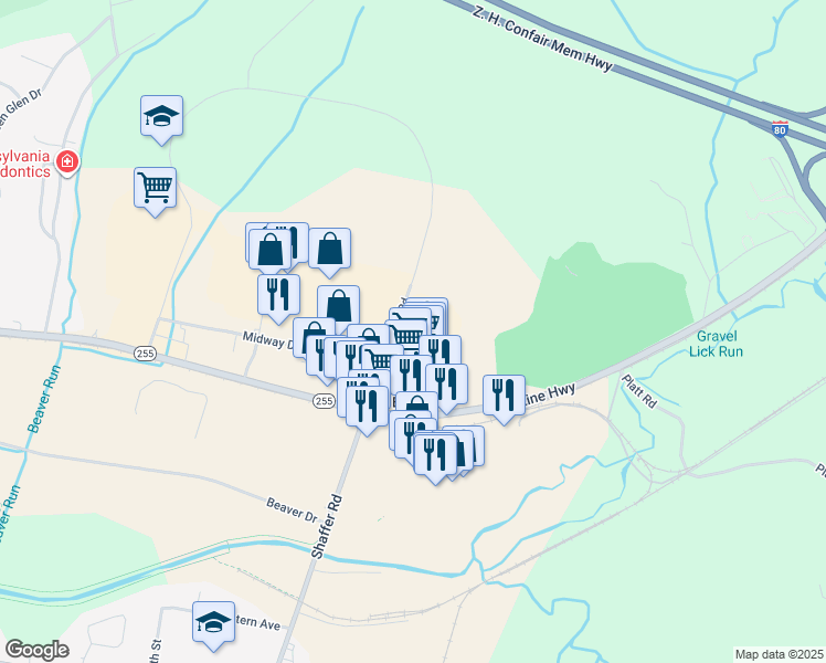 map of restaurants, bars, coffee shops, grocery stores, and more near 5820 Shaffer Road in DuBois