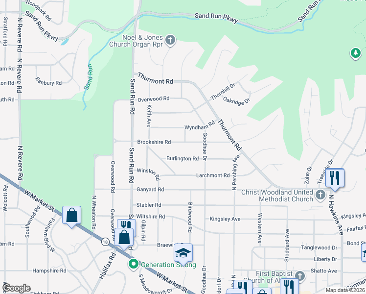 map of restaurants, bars, coffee shops, grocery stores, and more near 2039 Brookshire Road in Akron