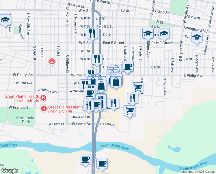 map of restaurants, bars, coffee shops, grocery stores, and more near 1009 South Dewey Street in North Platte