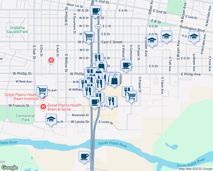 map of restaurants, bars, coffee shops, grocery stores, and more near 1009 South Dewey Street in North Platte
