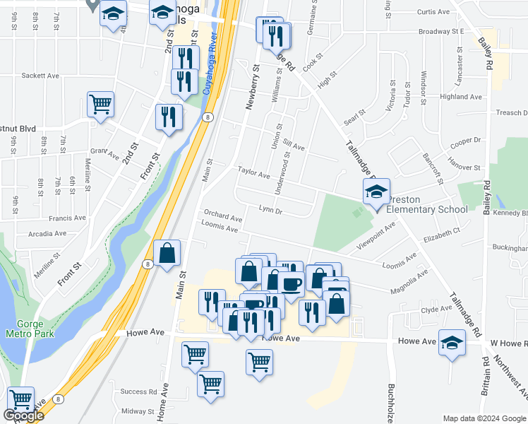 map of restaurants, bars, coffee shops, grocery stores, and more near 470 Lynn Drive in Cuyahoga Falls