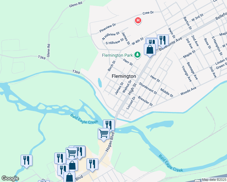 map of restaurants, bars, coffee shops, grocery stores, and more near 610 Huston Street in Lock Haven