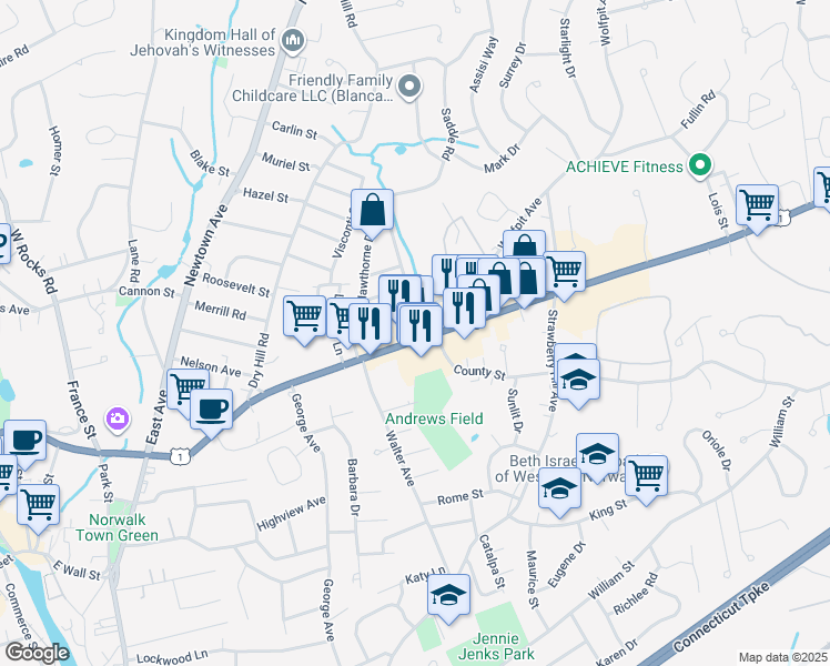 map of restaurants, bars, coffee shops, grocery stores, and more near 10 Lovatt Street in Norwalk