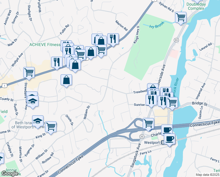 map of restaurants, bars, coffee shops, grocery stores, and more near 73 Kings Highway South in Westport