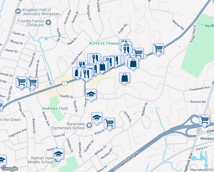 map of restaurants, bars, coffee shops, grocery stores, and more near 440 Westport Avenue in Norwalk