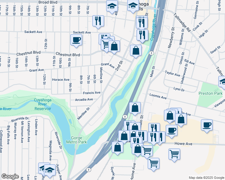 map of restaurants, bars, coffee shops, grocery stores, and more near 1542 Front Street in Cuyahoga Falls
