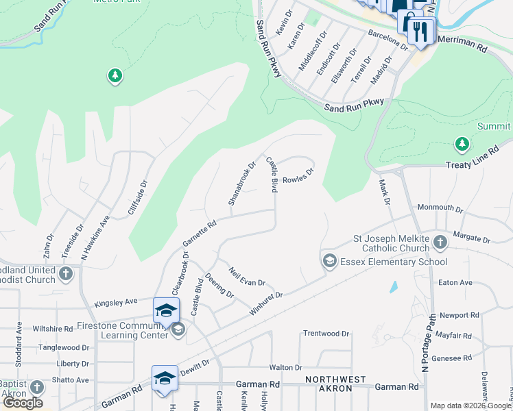 map of restaurants, bars, coffee shops, grocery stores, and more near 1460 Commonwealth Drive in Akron