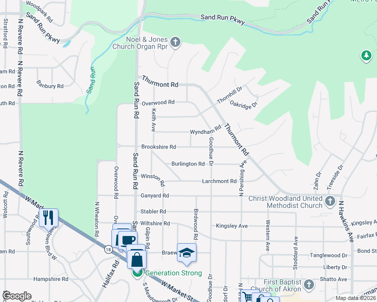 map of restaurants, bars, coffee shops, grocery stores, and more near 2039 Brookshire Road in Akron