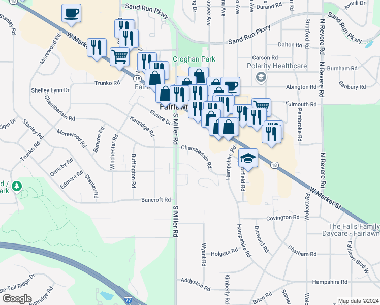 map of restaurants, bars, coffee shops, grocery stores, and more near 99 South Miller Road in Fairlawn