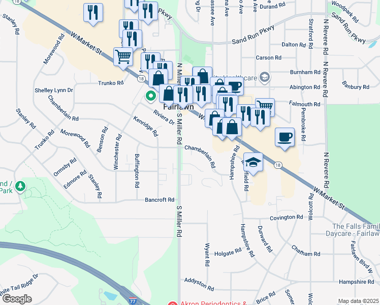 map of restaurants, bars, coffee shops, grocery stores, and more near 99 South Miller Road in Fairlawn