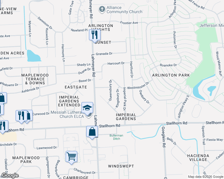 map of restaurants, bars, coffee shops, grocery stores, and more near 7521 Parliament Place in Fort Wayne