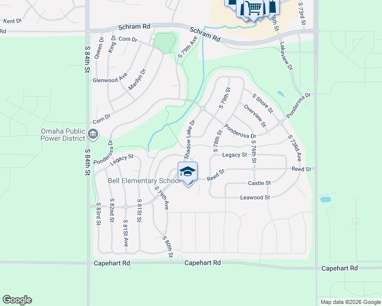 map of restaurants, bars, coffee shops, grocery stores, and more near 7986 Shadow Lake Drive in Papillion