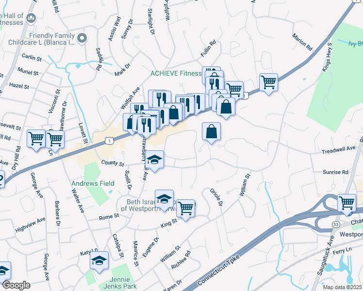 map of restaurants, bars, coffee shops, grocery stores, and more near 440 Westport Avenue in Norwalk