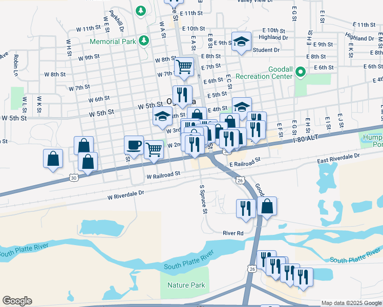 map of restaurants, bars, coffee shops, grocery stores, and more near 208 North Spruce Street in Ogallala