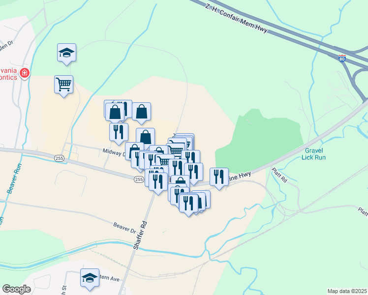 map of restaurants, bars, coffee shops, grocery stores, and more near 5820 Shaffer Road in DuBois