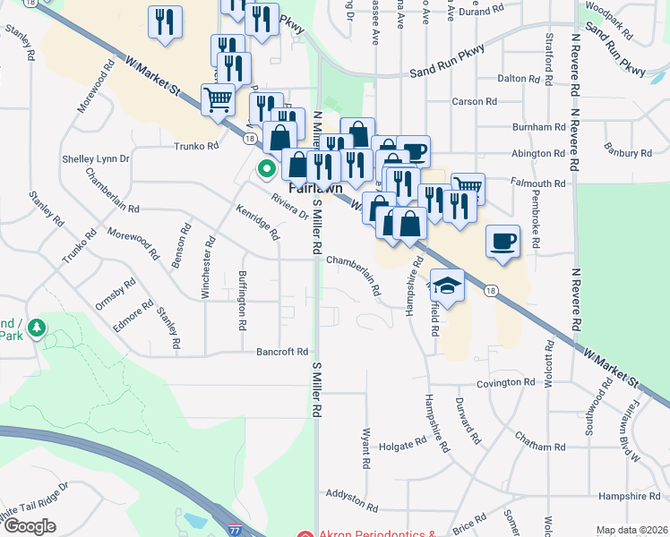 map of restaurants, bars, coffee shops, grocery stores, and more near 2646 Chamberlain Road in Fairlawn