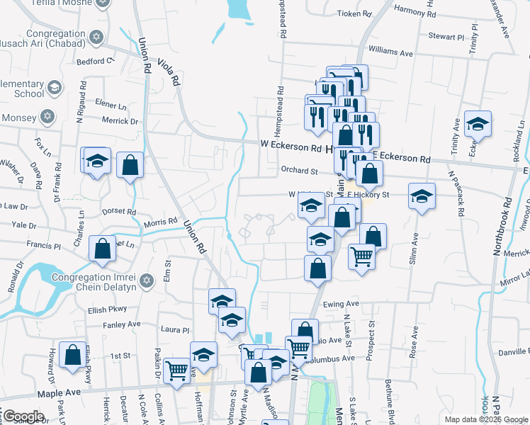 map of restaurants, bars, coffee shops, grocery stores, and more near 42 West Hickory Street in Spring Valley