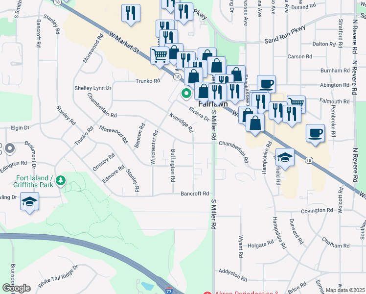 map of restaurants, bars, coffee shops, grocery stores, and more near 2829 Chamberlain Road in Fairlawn