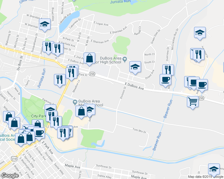 map of restaurants, bars, coffee shops, grocery stores, and more near 90 North Park Place in DuBois