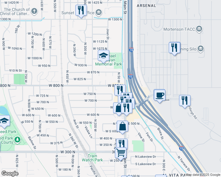 map of restaurants, bars, coffee shops, grocery stores, and more near 62 West 800 North in Sunset
