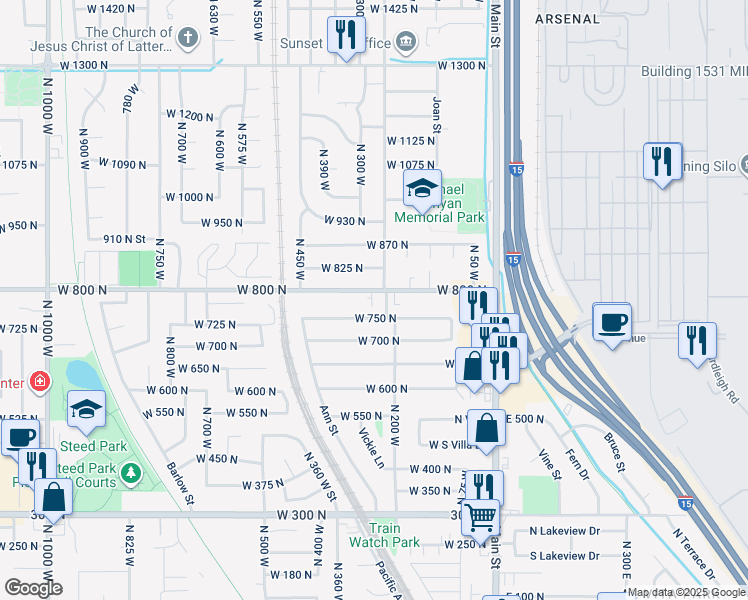 map of restaurants, bars, coffee shops, grocery stores, and more near 318 West 800 North in Sunset