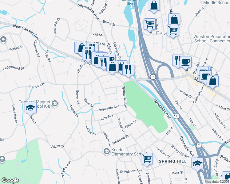 map of restaurants, bars, coffee shops, grocery stores, and more near 1 Cavanaugh Street in Norwalk