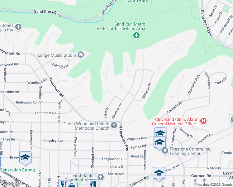 map of restaurants, bars, coffee shops, grocery stores, and more near 1688 Dominion Drive in Akron