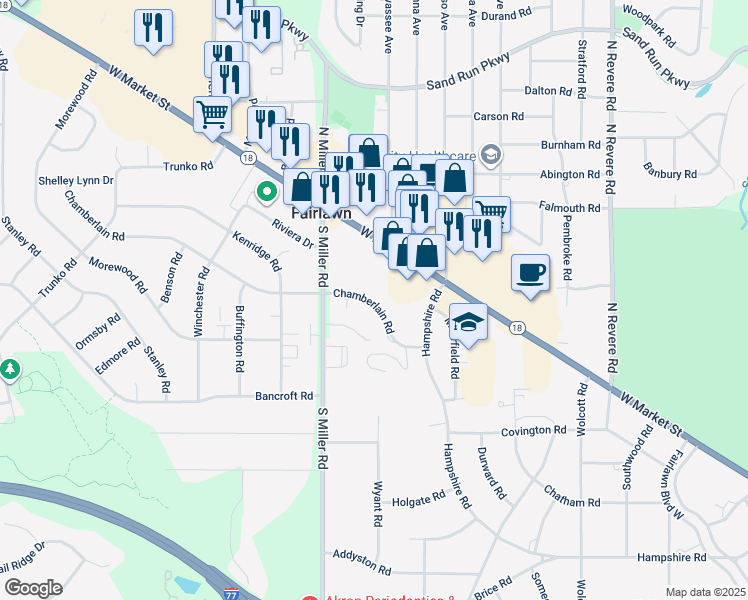 map of restaurants, bars, coffee shops, grocery stores, and more near 2611 Chamberlain Road in Fairlawn