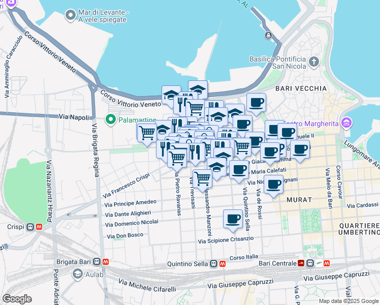 map of restaurants, bars, coffee shops, grocery stores, and more near 56 Via Trevisani in Bari