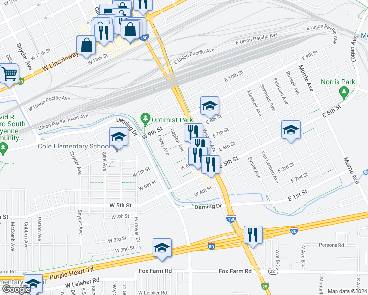 map of restaurants, bars, coffee shops, grocery stores, and more near 118 West 7th Street in Cheyenne