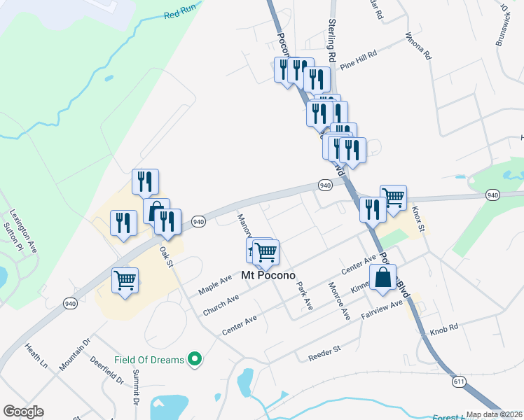 map of restaurants, bars, coffee shops, grocery stores, and more near 3358 Pennsylvania 940 in Mount Pocono