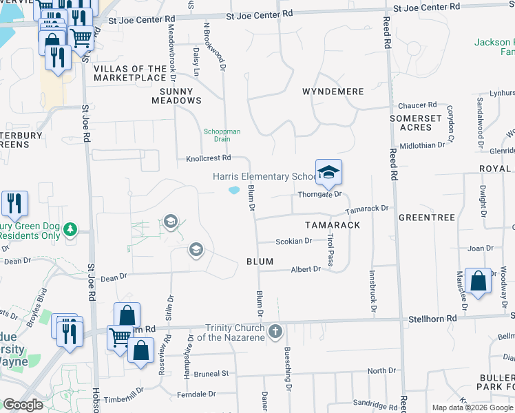 map of restaurants, bars, coffee shops, grocery stores, and more near 4200 Thorngate Dr in Fort Wayne