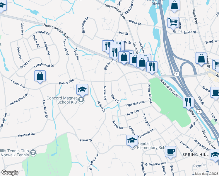map of restaurants, bars, coffee shops, grocery stores, and more near 2 Norvel Road in Norwalk