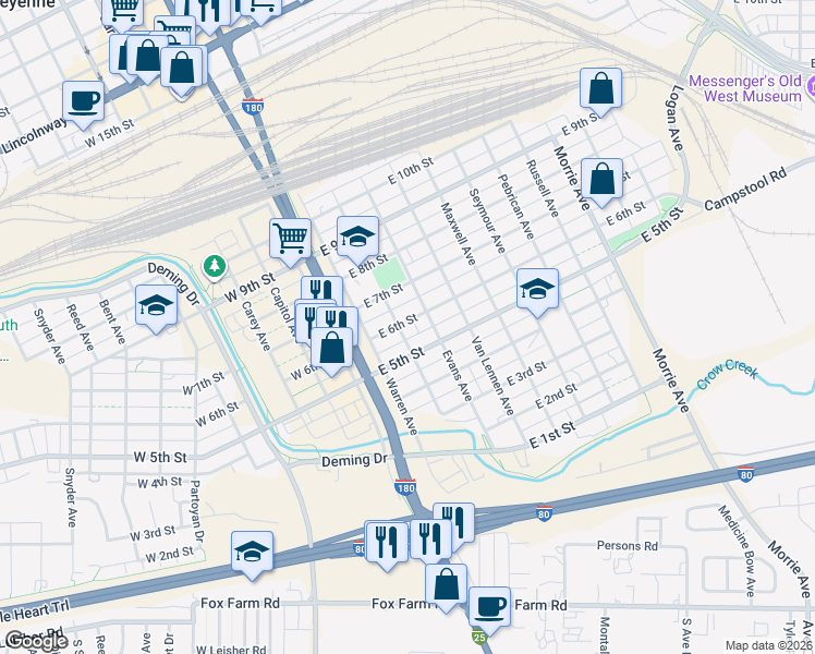 map of restaurants, bars, coffee shops, grocery stores, and more near 612 House Avenue in Cheyenne
