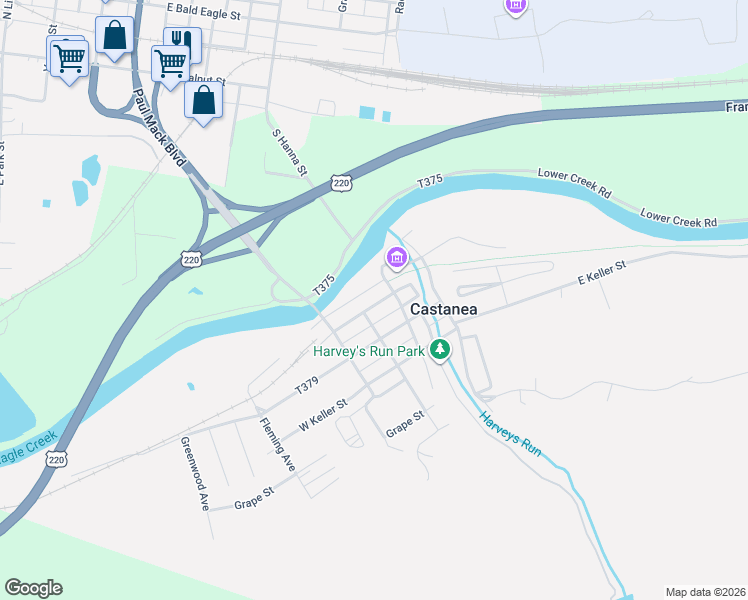 map of restaurants, bars, coffee shops, grocery stores, and more near 16 West Allison Street in Lock Haven
