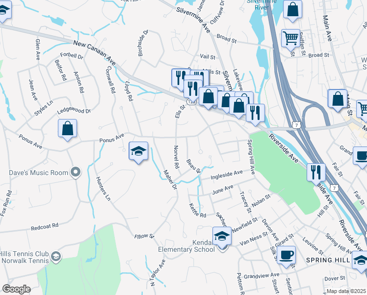 map of restaurants, bars, coffee shops, grocery stores, and more near 2 Norvel Road in Norwalk