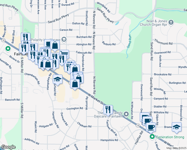 map of restaurants, bars, coffee shops, grocery stores, and more near 121 North Revere Road in Akron
